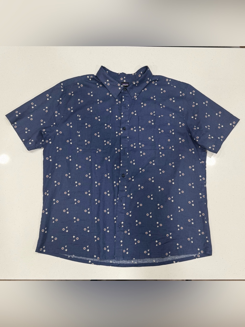 Patagonia Navy Short-Sleeve Button-Down Shirt with Small Floral Print